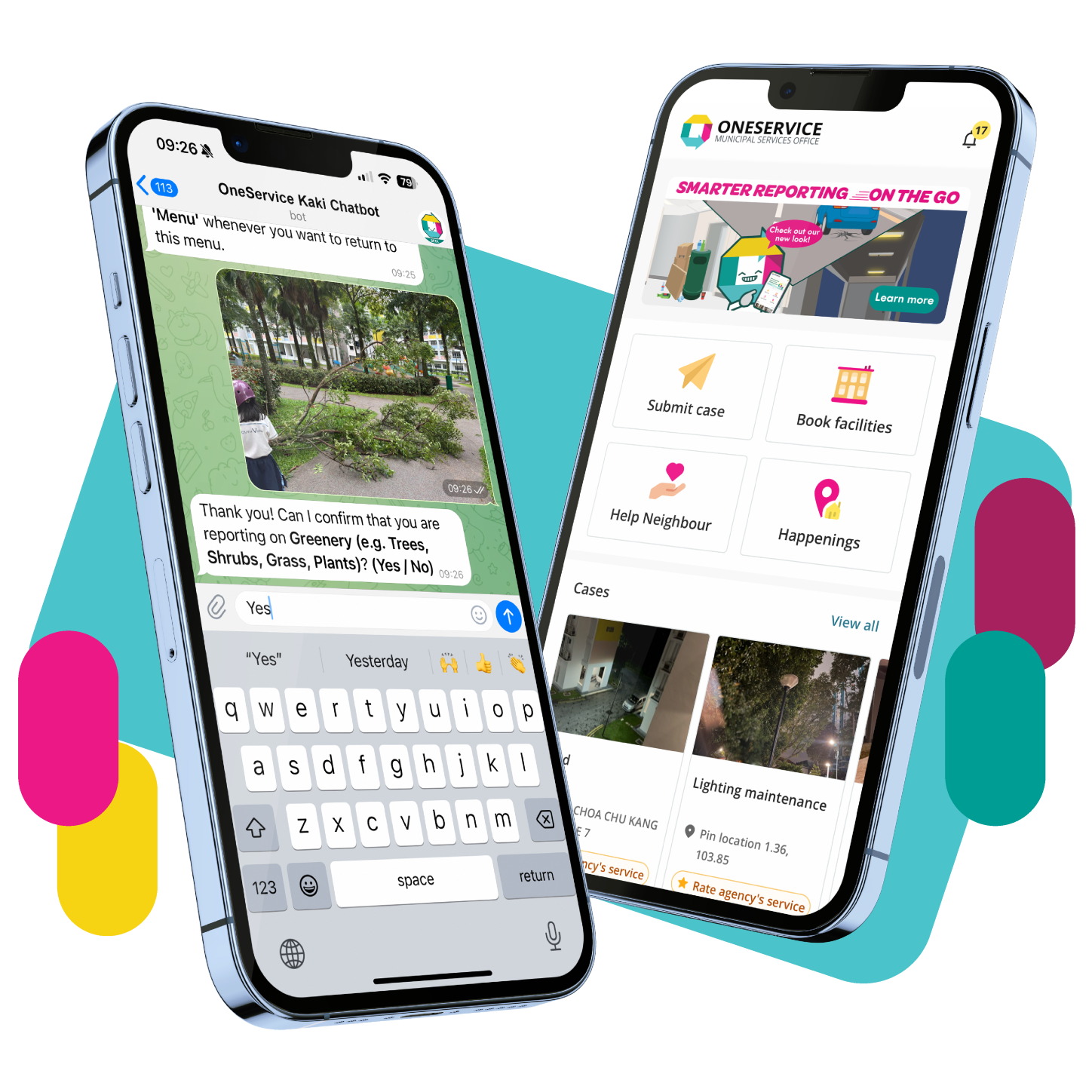 Mock-up of Oneservice chatbot and app on iPhone screens